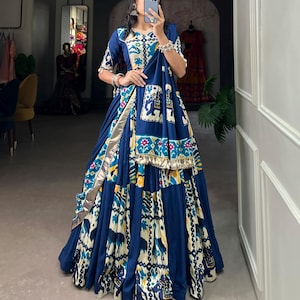 New Navratri Ajrakh Lehenga Choli Festival Wear Rayon with Printed Silk Garba Dress Chaniya Choli Ghagra choli Ready to Wear lehenga Skirt