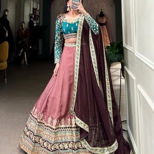 Designerska lehenga | Różowo-turkusowa jedwabna lehenga moonga choli: haftowany indyjski strój ślubny, prezent dla niej | Prezenty dla żony