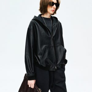 Hooded Vintage Lambskin Leather Jacket | Wool Knit Lining | Relaxed Drop-Shoulder Fit | Women Jacket | MRS Studios image 1