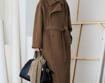 Black Alpaca Wool Coat, Warm Lined Winter Coat, Long Single