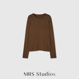 Rib Knit Long Sleeve Top | Crew Neck Base Layer | Soft Second-Skin T-Shirt | Women Top | MRS Studios Brown