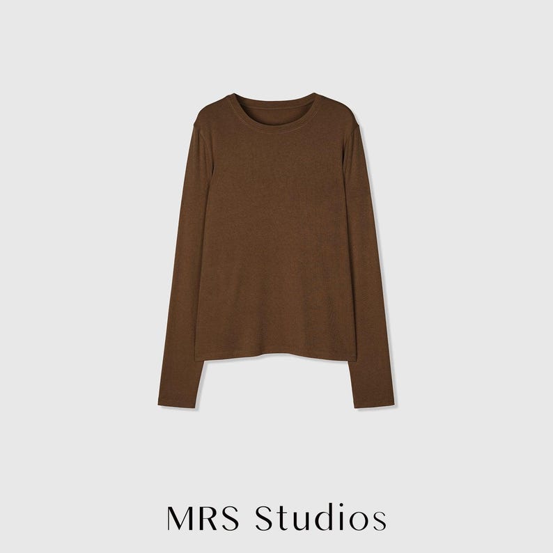 Rib Knit Long Sleeve Top | Crew Neck Base Layer | Soft Second-Skin T-Shirt | Women Top | MRS Studios Brown
