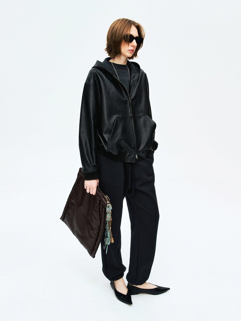 Hooded Vintage Lambskin Leather Jacket | Wool Knit Lining | Relaxed Drop-Shoulder Fit | Women Jacket | MRS Studios image 1