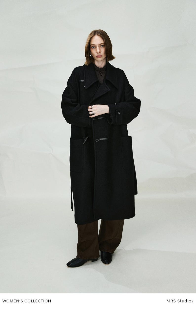 Long Asymmetric Toggle Wool Coat | Wooden Horn Buttons | Stand & Fold Collar | Women Coat | MRS Studios image 7