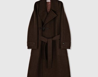 Long Asymmetric Toggle Wool Coat | Wooden Horn Buttons | Stand & Fold Collar | Women Coat | MRS Studios