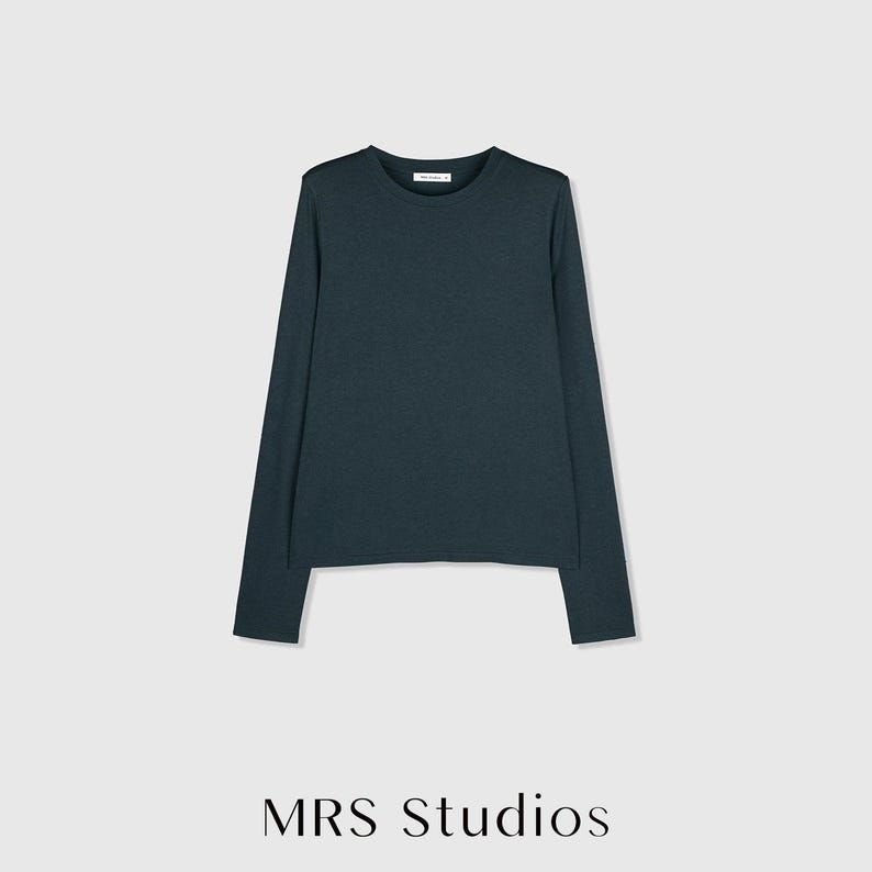 Rib Knit Long Sleeve Top | Crew Neck Base Layer | Soft Second-Skin T-Shirt | Women Top | MRS Studios Blue