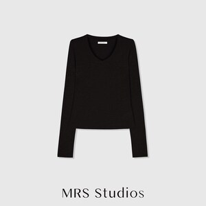 Soft-Touch V-Neck Long Sleeve T-Shirt | Second-Skin Base Layer | Close Fitted Silhouette | Women Top | MRS Studios Black