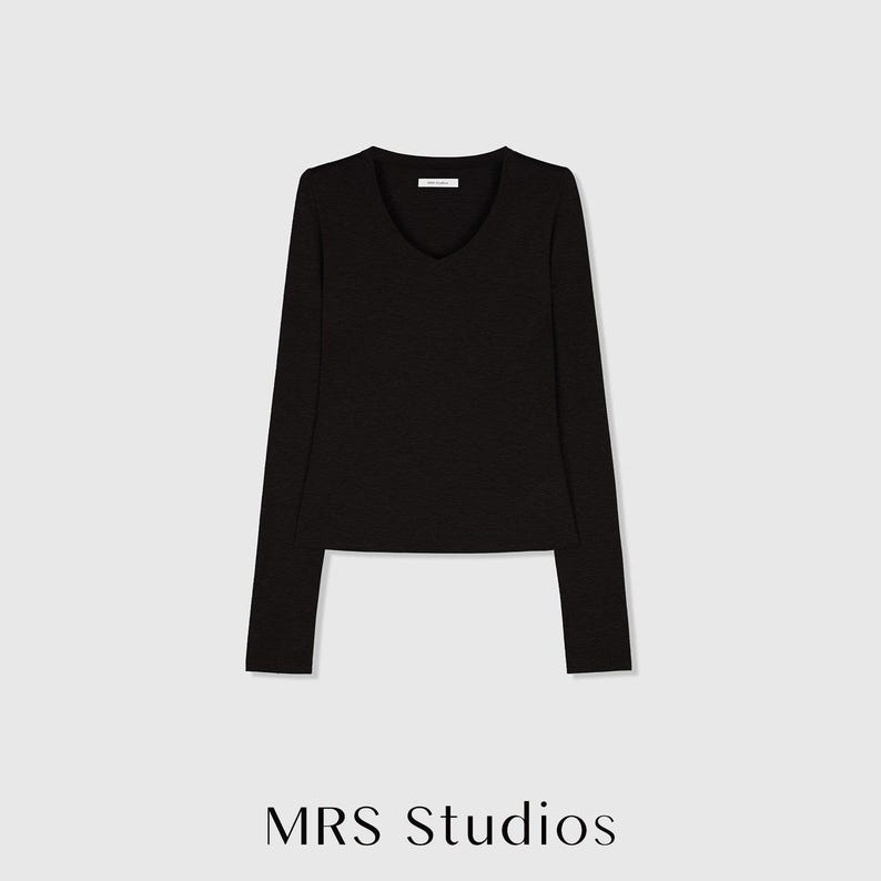 Soft-Touch V-Neck Long Sleeve T-Shirt | Second-Skin Base Layer | Close Fitted Silhouette | Women Top | MRS Studios Black