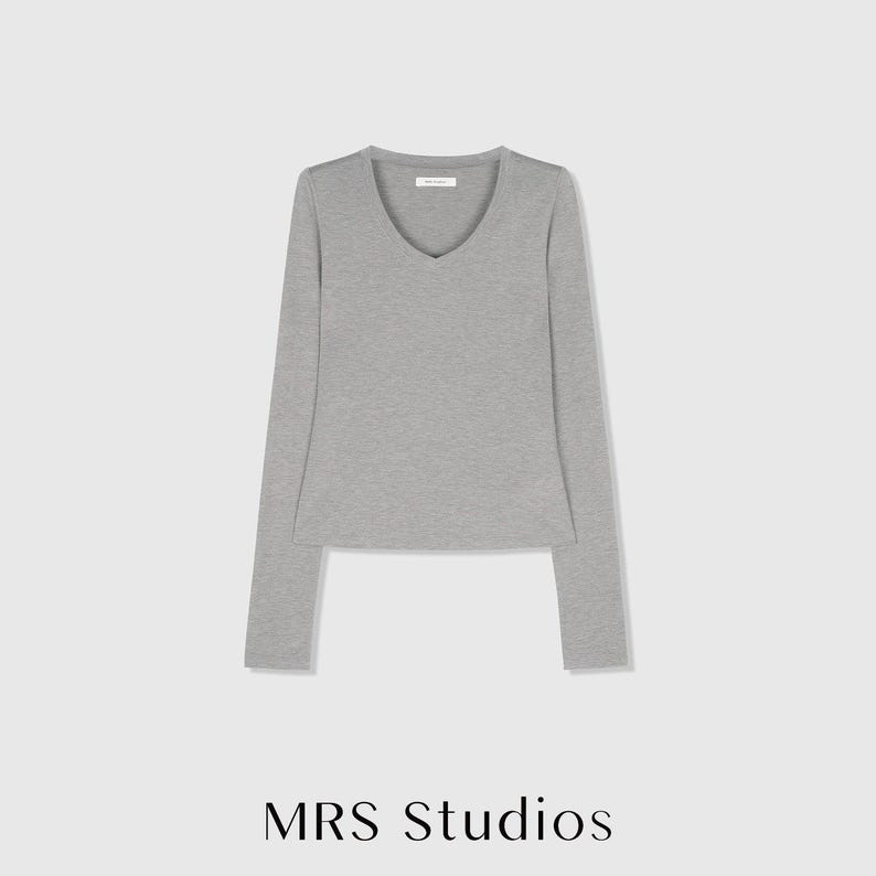 Soft-Touch V-Neck Long Sleeve T-Shirt | Second-Skin Base Layer | Close Fitted Silhouette | Women Top | MRS Studios Light Grey