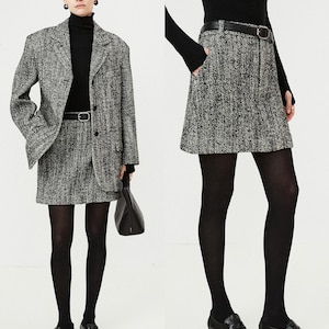 Italian Wool Textured Blazer & Mini Skirt Set | Three-Button Tailored Jacket | Vintage Tweed | Women Suit Set | MRS Studios