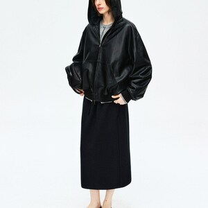 Hooded Vintage Lambskin Leather Jacket | Wool Knit Lining | Relaxed Drop-Shoulder Fit | Women Jacket | MRS Studios image 3