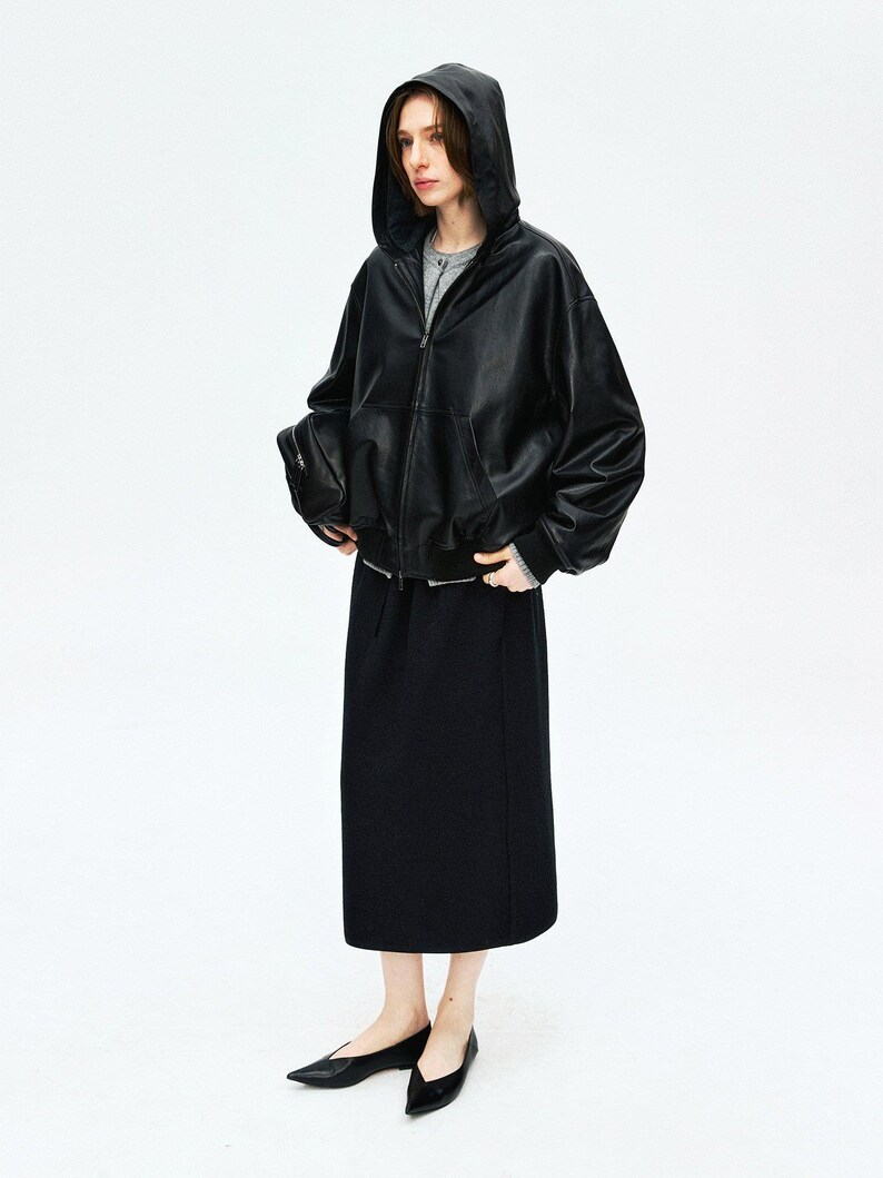 Hooded Vintage Lambskin Leather Jacket | Wool Knit Lining | Relaxed Drop-Shoulder Fit | Women Jacket | MRS Studios image 3
