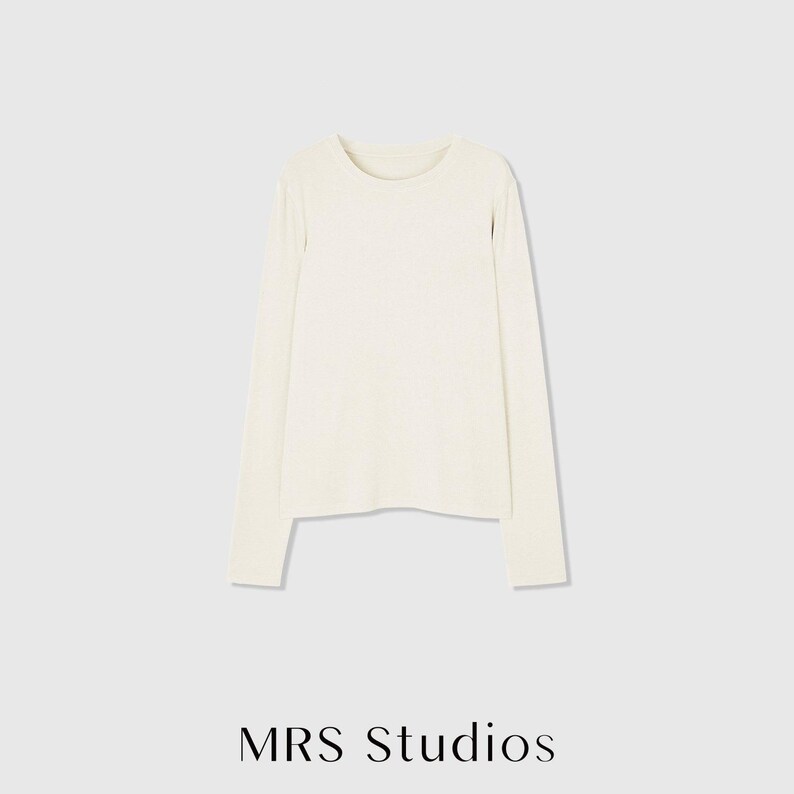 Rib Knit Long Sleeve Top | Crew Neck Base Layer | Soft Second-Skin T-Shirt | Women Top | MRS Studios White