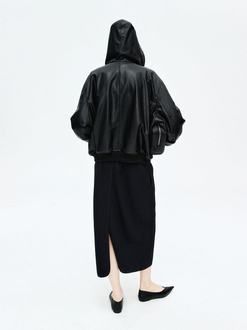 Hooded Vintage Lambskin Leather Jacket | Wool Knit Lining | Relaxed Drop-Shoulder Fit | Women Jacket | MRS Studios image 5