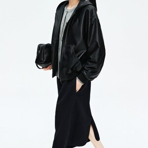 Hooded Vintage Lambskin Leather Jacket | Wool Knit Lining | Relaxed Drop-Shoulder Fit | Women Jacket | MRS Studios image 4