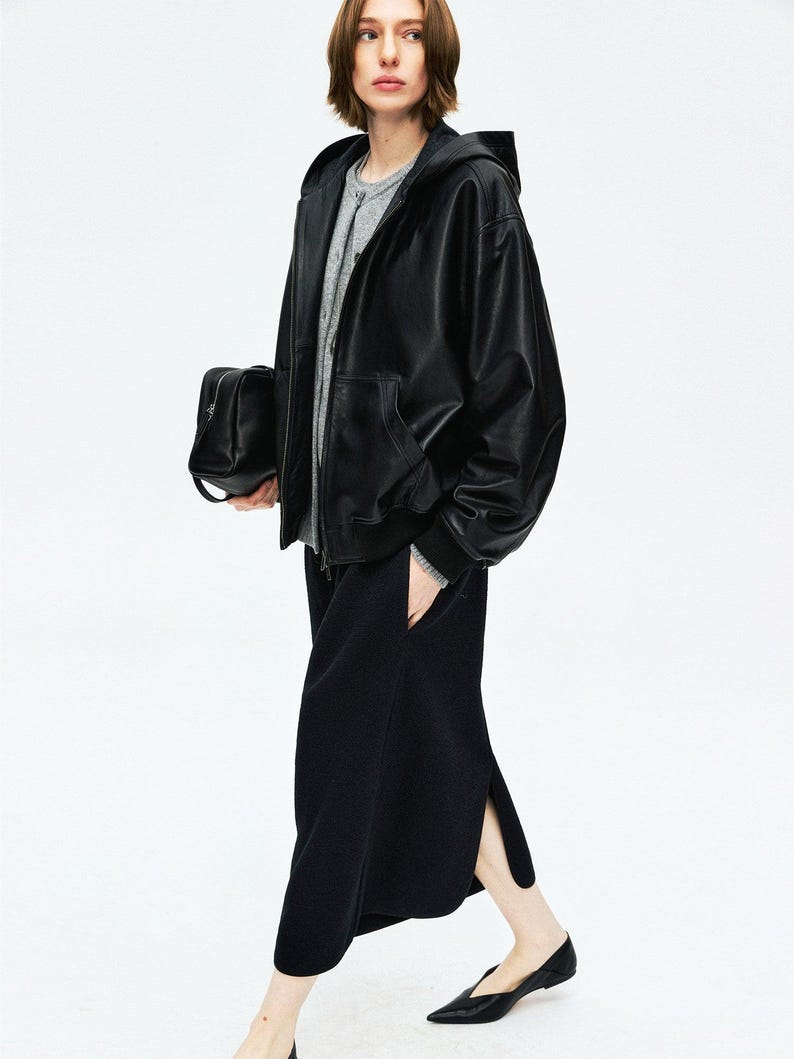 Hooded Vintage Lambskin Leather Jacket | Wool Knit Lining | Relaxed Drop-Shoulder Fit | Women Jacket | MRS Studios image 4