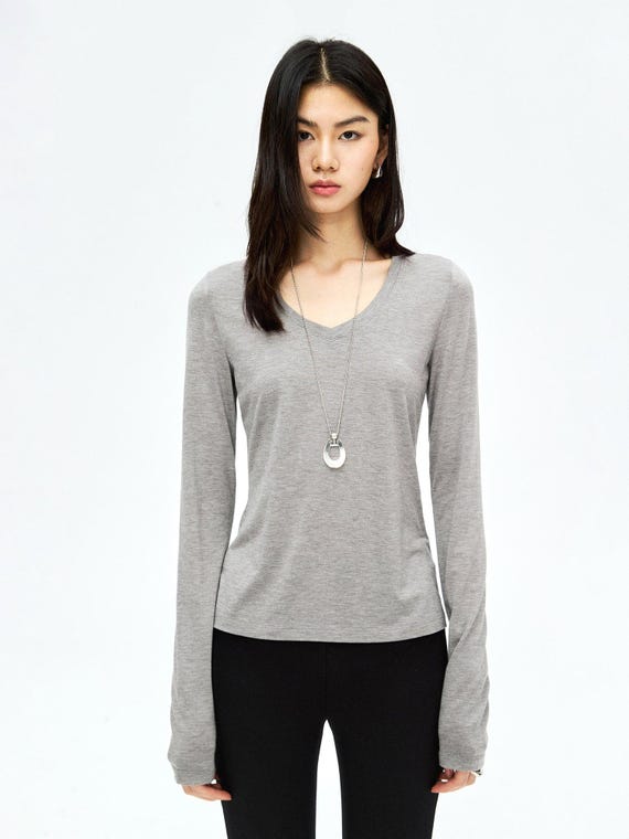 Soft-Touch V-Neck Long Sleeve T-Shirt | Second-Skin Base Layer | Close Fitted Silhouette | Women Top | MRS Studios