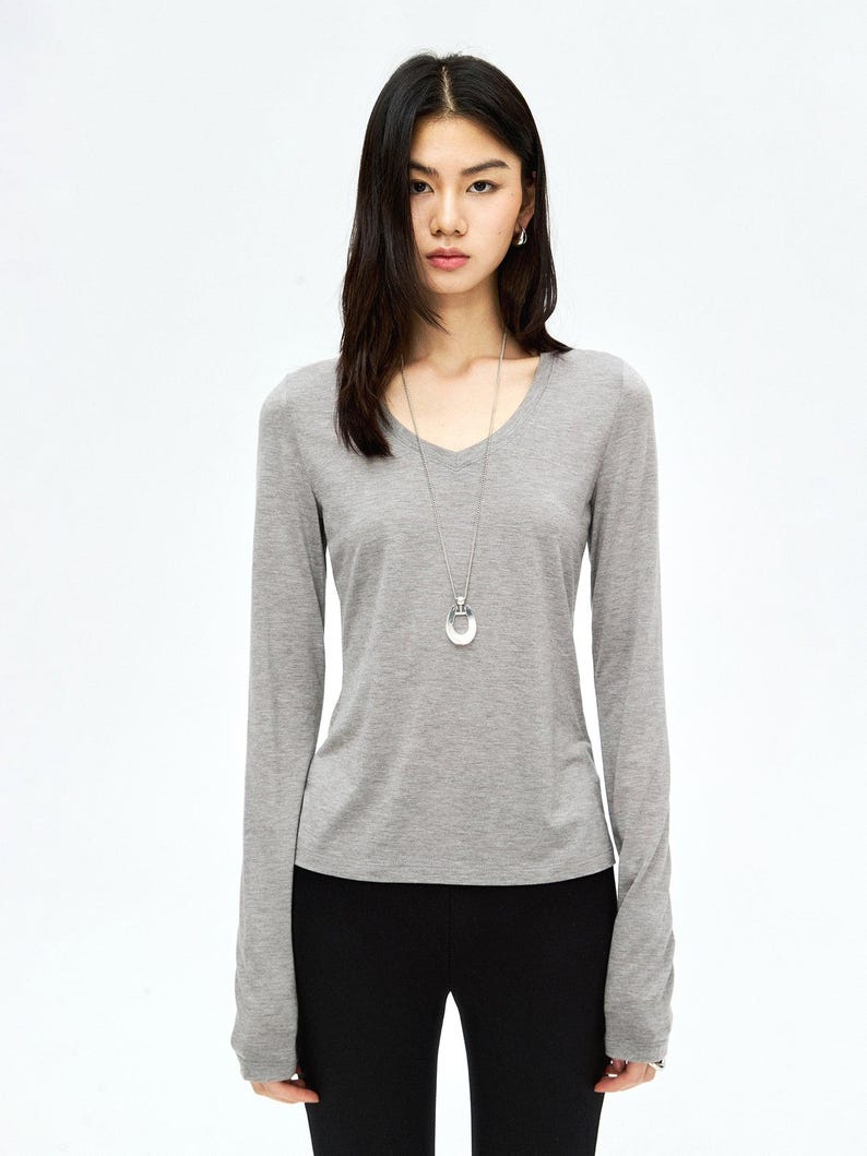 Soft-Touch V-Neck Long Sleeve T-Shirt | Second-Skin Base Layer | Close Fitted Silhouette | Women Top | MRS Studios image 1