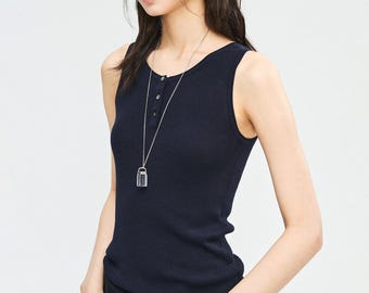 Tencel Cotton Silk Henley Tank | 2x2 Ribbed Texture | Mother-of-Pearl Buttons | Women Top | MRS Studios