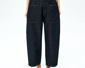 Pre-order | Linen Cotton Denim Cropped Jeans | Twin Patch Pockets | Tapered Cocoon Fit | Women Jeans | MRS Studios