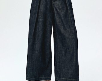 Vorbestellen | Raw Denim Jeans mit weitem Bein | Halbelastische Taille | Plissee Vorderseite | Frauen Jeans | Frau Studios
