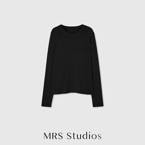 Rib Knit Long Sleeve Top | Crew Neck Base Layer | Soft Second-Skin T-Shirt | Women Top | MRS Studios Black