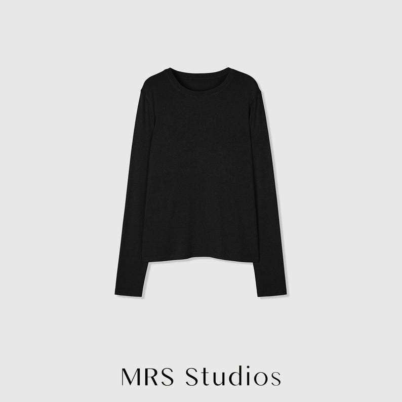 Rib Knit Long Sleeve Top | Crew Neck Base Layer | Soft Second-Skin T-Shirt | Women Top | MRS Studios Black