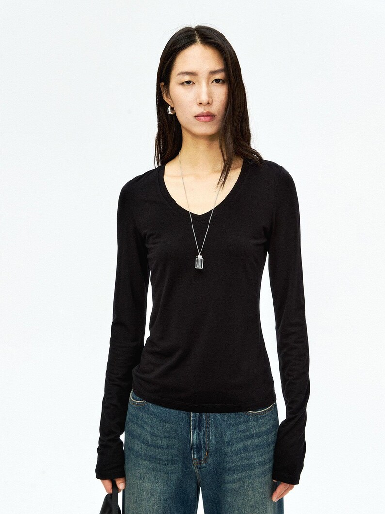 Soft-Touch V-Neck Long Sleeve T-Shirt | Second-Skin Base Layer | Close Fitted Silhouette | Women Top | MRS Studios image 6