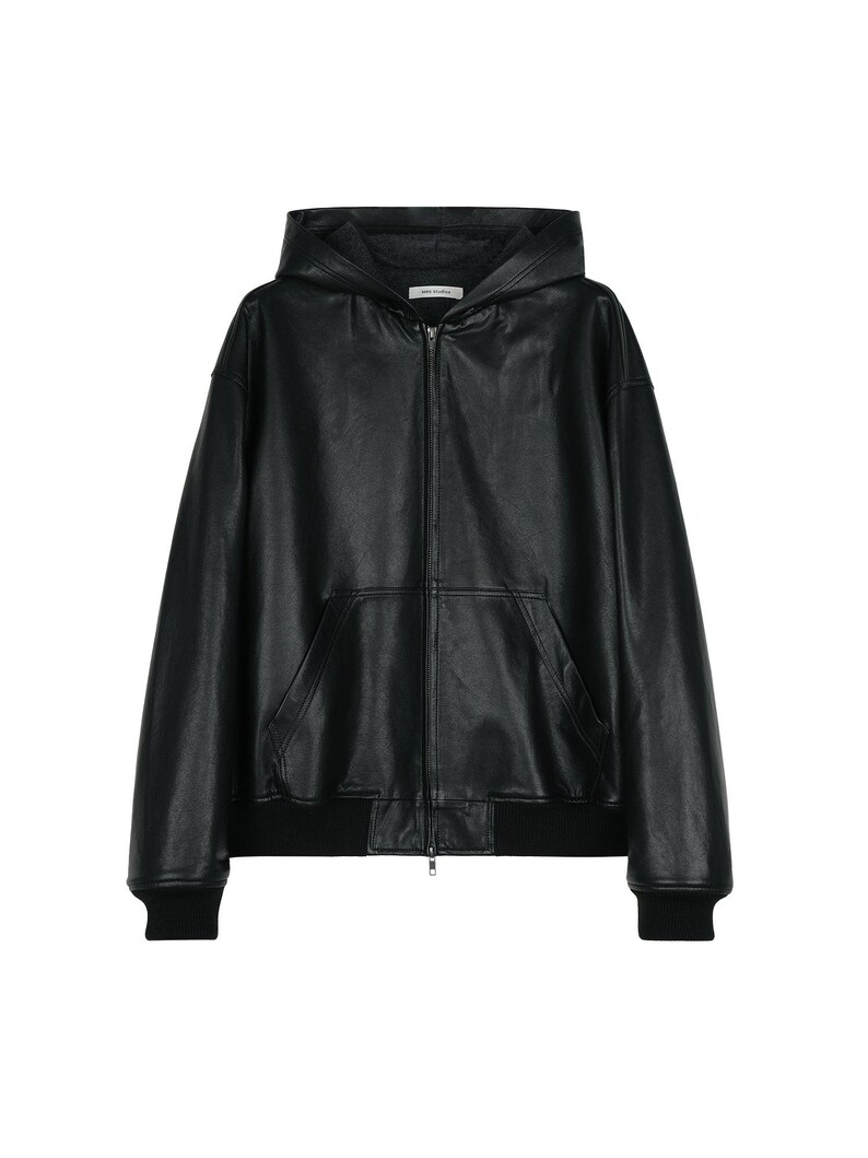 Hooded Vintage Lambskin Leather Jacket | Wool Knit Lining | Relaxed Drop-Shoulder Fit | Women Jacket | MRS Studios Black