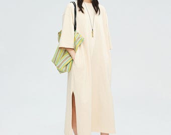 Slub Cotton Knit T-Shirt Dress | Side Slit Hem | Hidden Pocket Detail | Women Dress | MRS Studios