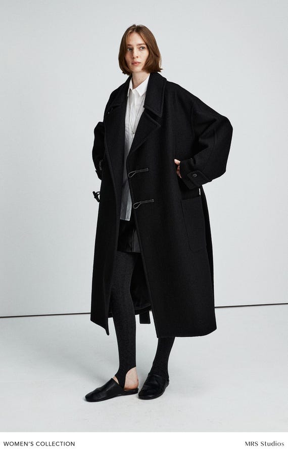 Long Asymmetric Toggle Wool Coat | Wooden Horn Buttons | Stand & Fold Collar | Women Coat | MRS Studios