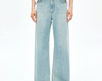 Pantalones vaqueros de algodón de pierna ancha sin costuras / Confección en denim suave / Silueta hasta el suelo / Pantalones vaqueros para mujer / MRS Studios