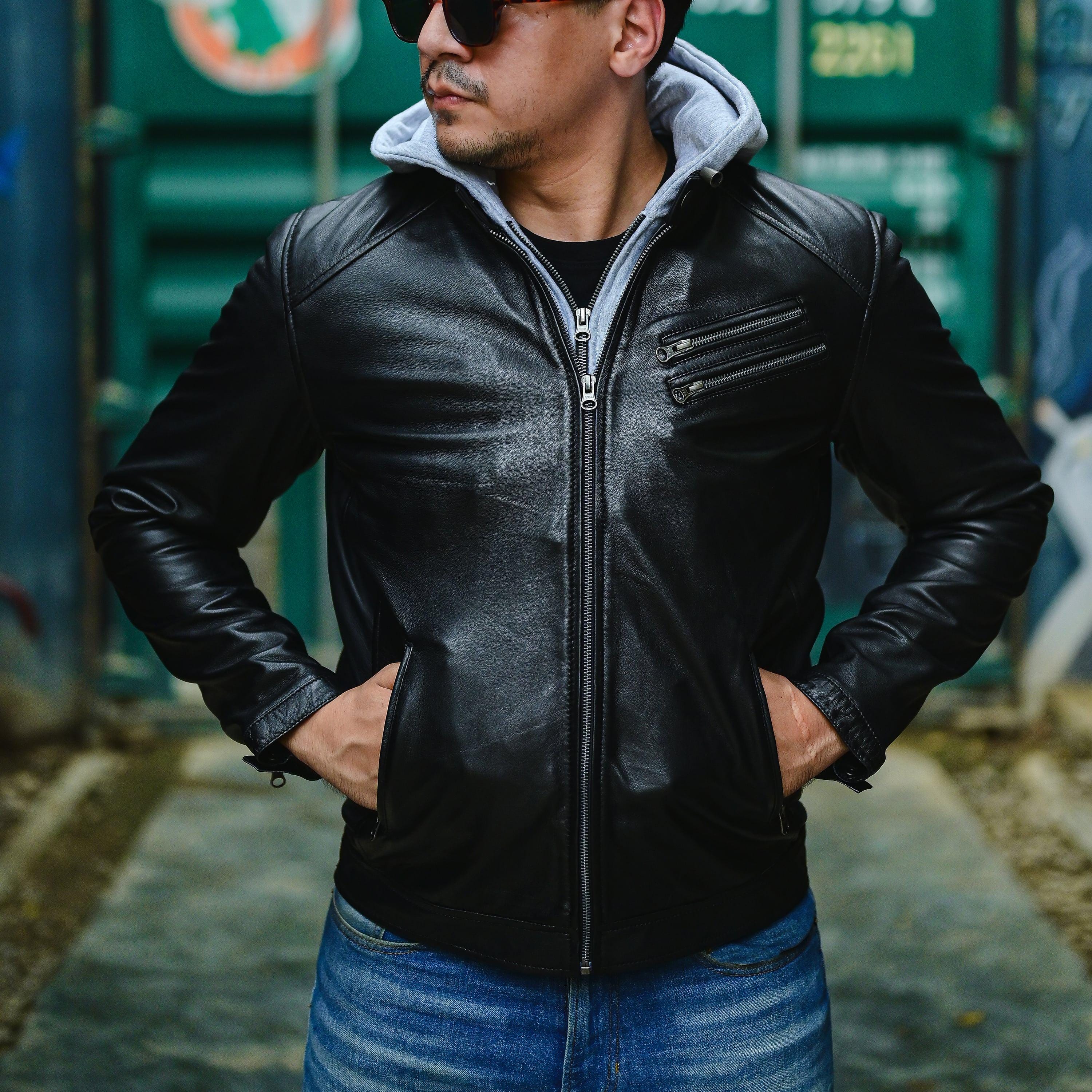 Mens Casual Hooded Vintage Leather Jacket With Removable Hood - Etsy
