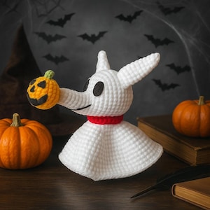 Patrón de perro fantasma de ganchillo con nariz de calabaza / Tutorial en PDF de perro amigurumi de Halloween / Patrón de perro fantasma de ganchillo / Ganchillo de Halloween
