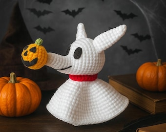 Virkad spökhund med pumpanäsamönster | Amigurumi Halloweenhund PDF-handledning | Virkad spökhundmönster | Virka Halloween