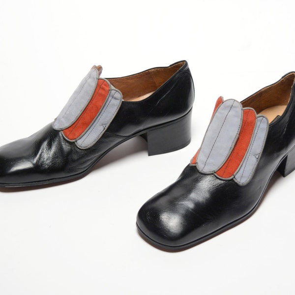 vintage 70s Fratelli platform shoes high heel men shoe black leather red gray suede pimp shoes slip on 1970 disco 9.5 9 1/2