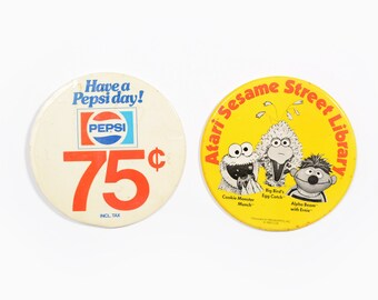 vintage 70s 80s oversize button 6&quot; pinback badge Have A Pepsi Day Atari Sesame Street Library Big Bird Ernie Cookie Monster