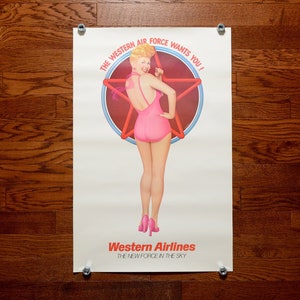 vintage 70s Western Airlines poster Betty Grable pin-up Gomez painting artwork 1970 travel poster 37x24 Air Force Wants You!
