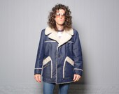 vintage JC Penny ranch jacket 60s 70s sherpa lined chore jacket indigo denim 1960 1970 men winter coat menswear L large