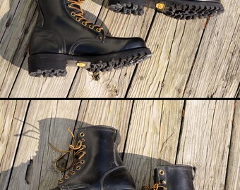 Mens Boots Vintage 70s Knapp Work Boots Black Leather Logger Mens Boots Vintage 70s Knapp Work Boots Black Leather Logger