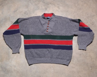 vintage 80s henley sweater mock collar heather gray red green blue stripe 1980 preppy trad nautical Lands' End L 42-44