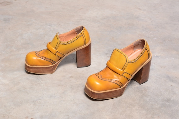 Vintage 70s Platform Shoes Men High Heel Glam Rock Mustard Yellow