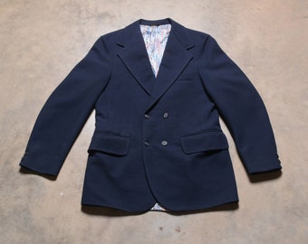 vintage 70s doulbe breasted sport coat navy blue blazer sportcoat textured polyester 1970 men menswear sport jacket 38 38R