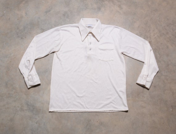 men vintage knit shirt 60s 70s off white long sle… - image 1