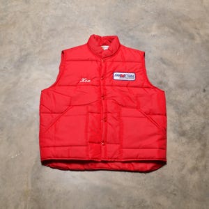 vintage 80s ski vest puffy puffer vest hiking camping farming Farm Mutual Insurance men women unisex L/XL K-Brand