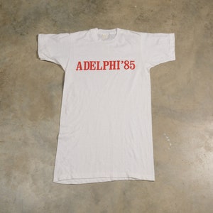 vintage 80s Adelphi University &#39;85 t-shirt 100% cotton soft thin burnout tee shirt 1980 men women unisex XXS/XS slimfit