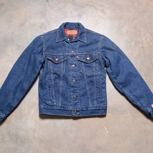 vintage 80s Levi&#39;s 591 denim jacket buffalo check flannel lined Levis dark wash denim trucker jacket men women size 34 XXS/XS NOS deadstock
