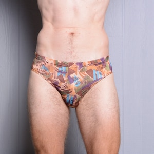 vintage 80s men&#39;s brief O&#39;Rite fashion underwear abstract geometric pattern nos deadstock adult S/M 100% stretch sheer polyester