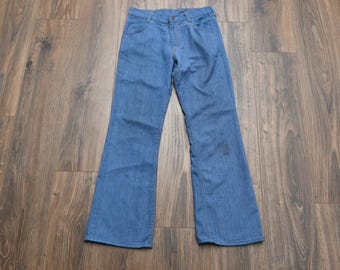vintage jaren 70 jeans met wijde pijpen, geborstelde denim flare broek 1970 Sears Put-On shop 32 x 31