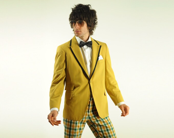 Vintage 70s Mustard Yellow Tuxedo Jacket Black Trim Wide Lapel 1970